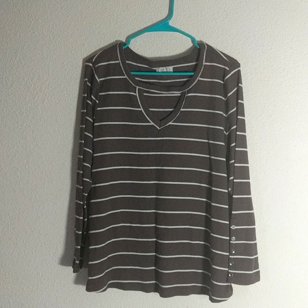 Maurices Brown White Striped Pullover Cutout Long Sleeve 1X